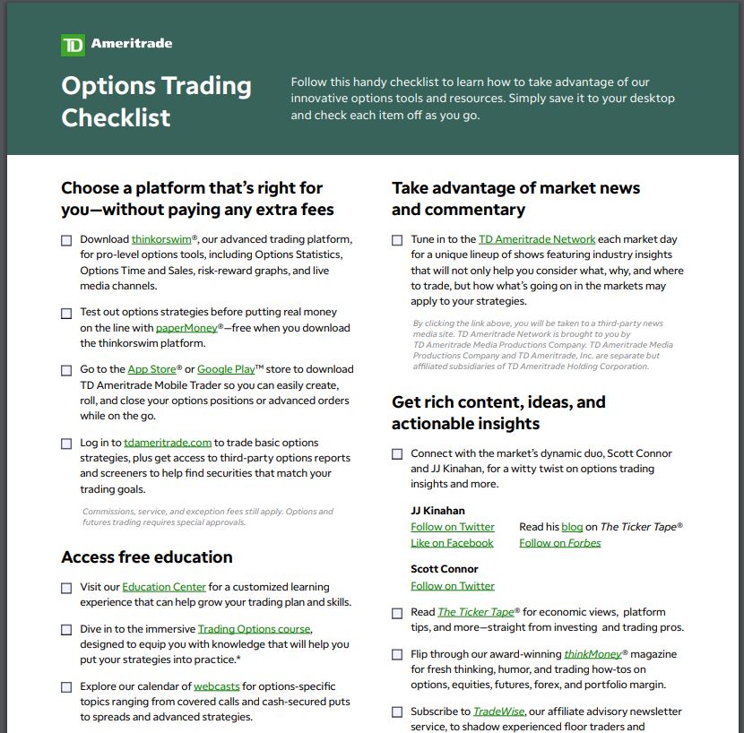 TD Ameritrade Options Trading Checklist